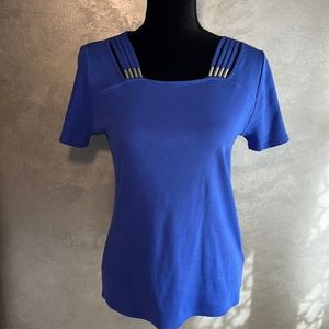 Rafaella short sleeved blouse with embellishments, Royal blue, size m, NWT